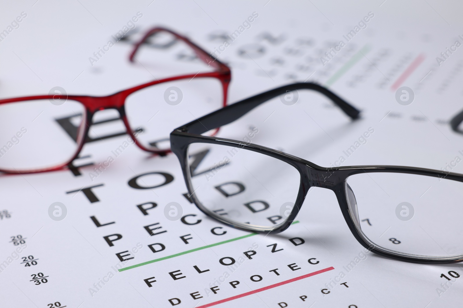 Glasses on vision test charts as background, closeup Photo of Glasses on vision test charts as background, closeup