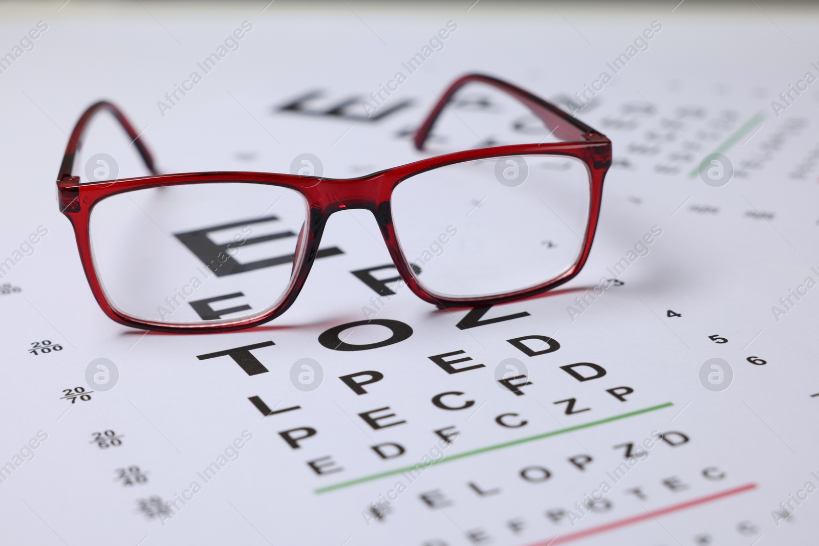 Glasses on vision test charts as background, closeup Photo of Glasses on vision test charts as background, closeup