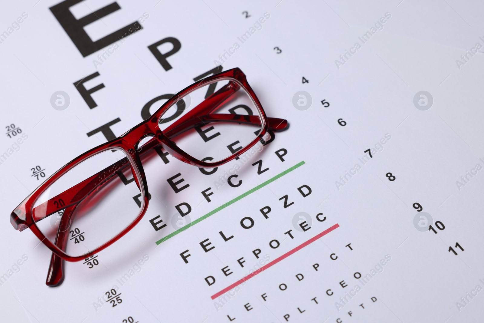 Glasses on vision test chart as background, closeup Photo of Glasses on vision test chart as background, closeup