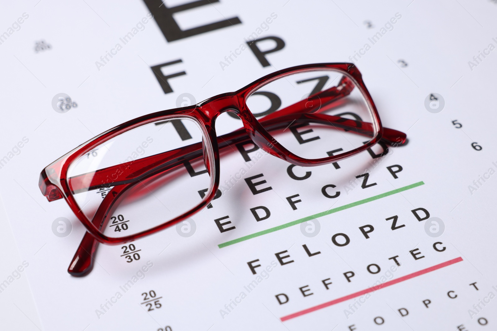 Glasses on vision test chart as background, closeup Photo of Glasses on vision test chart as background, closeup