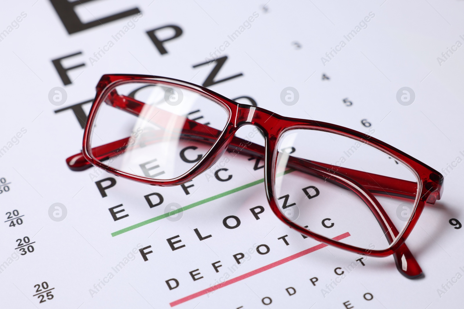 Glasses on vision test chart as background, closeup Photo of Glasses on vision test chart as background, closeup