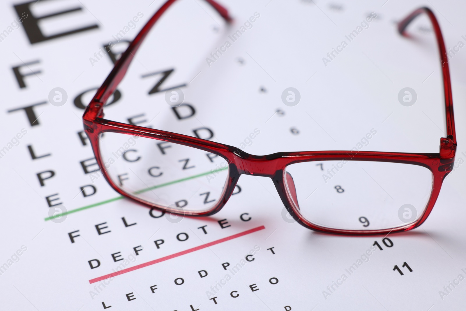 Glasses on vision test chart as background, closeup Photo of Glasses on vision test chart as background, closeup