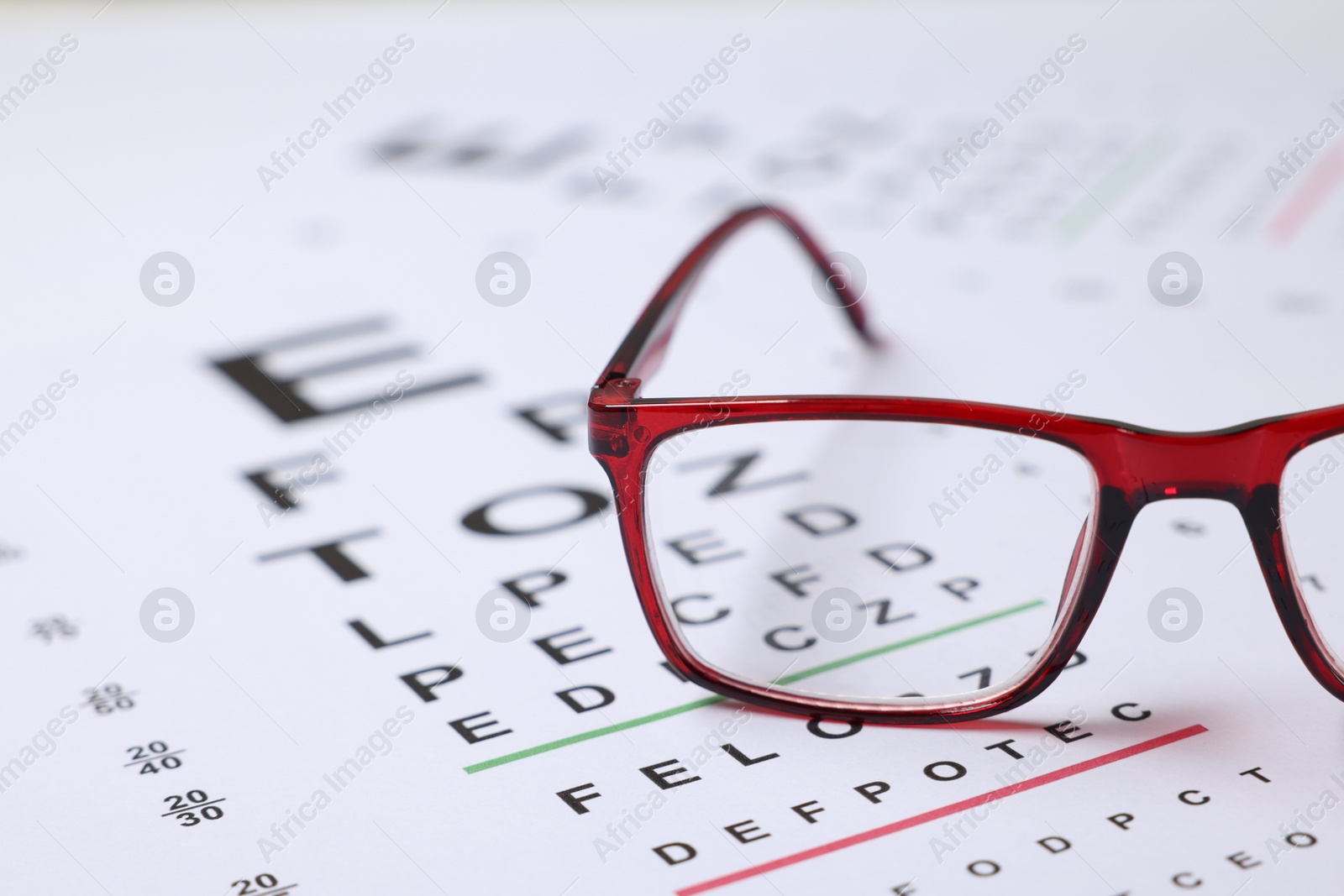Glasses on vision test charts as background, closeup Photo of Glasses on vision test charts as background, closeup