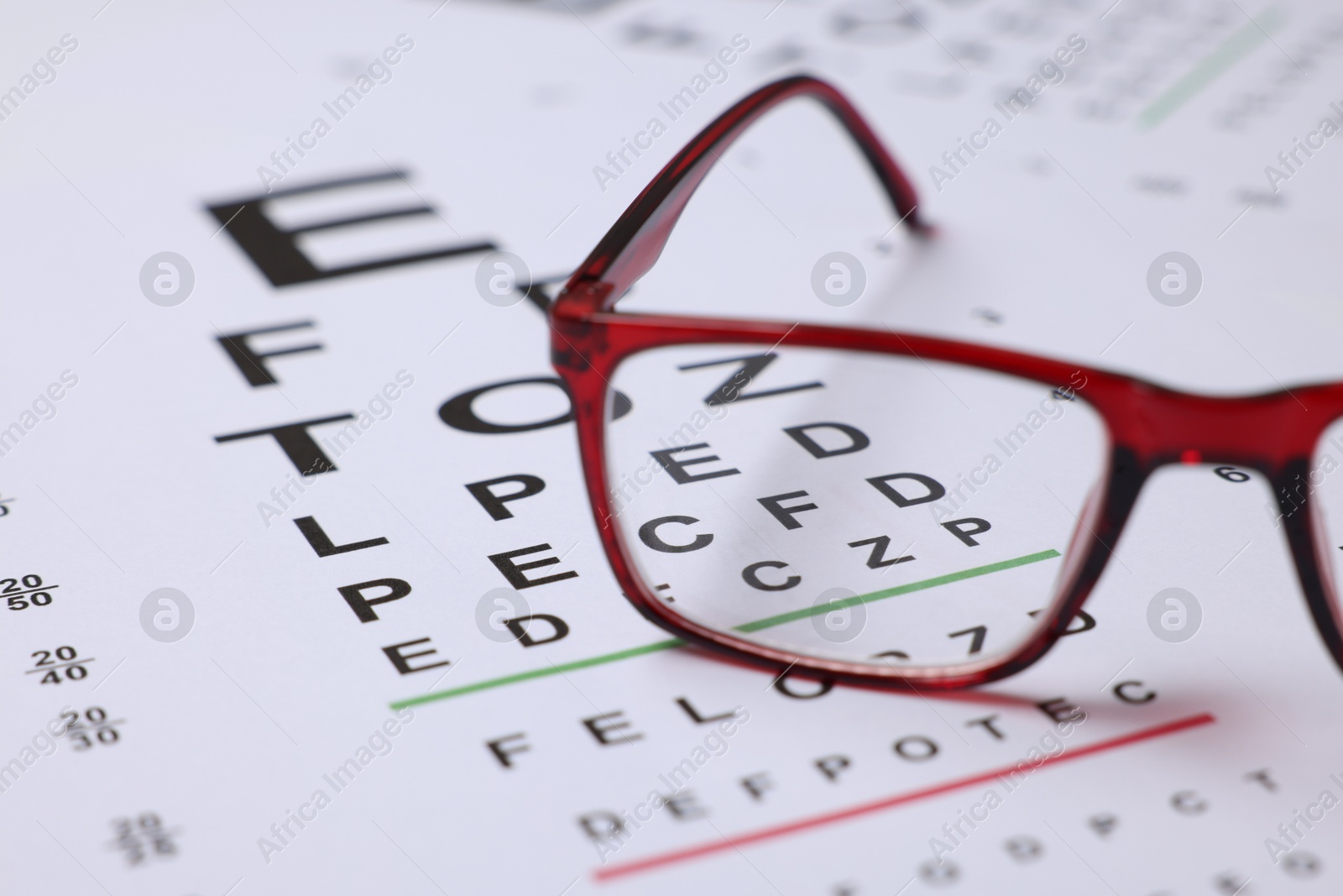 Glasses on vision test charts as background, closeup Photo of Glasses on vision test charts as background, closeup