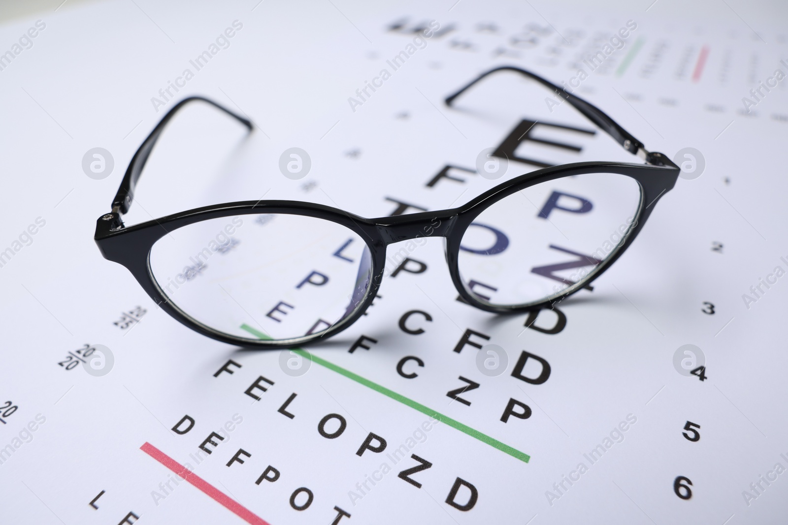 Glasses on vision test charts as background, closeup Photo of Glasses on vision test charts as background, closeup