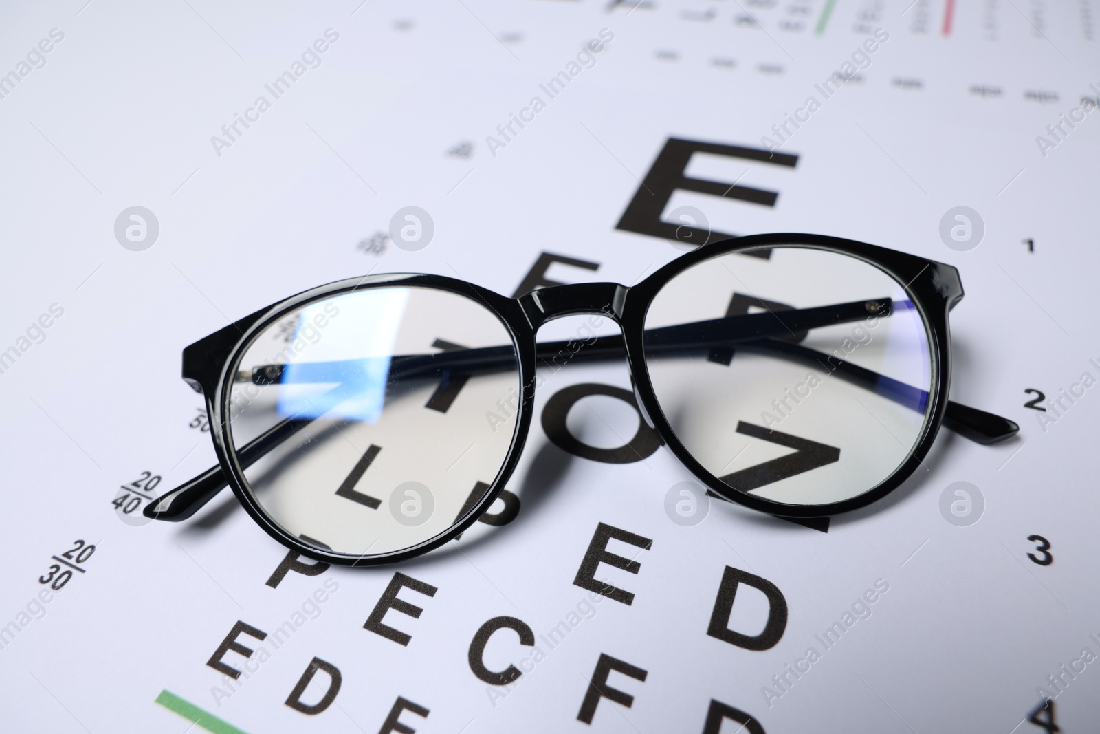 Glasses on vision test charts as background, closeup Photo of Glasses on vision test charts as background, closeup