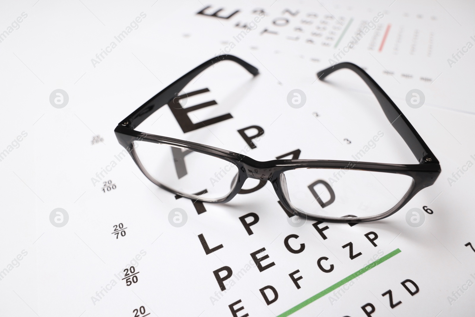 Glasses on vision test charts as background, closeup Photo of Glasses on vision test charts as background, closeup