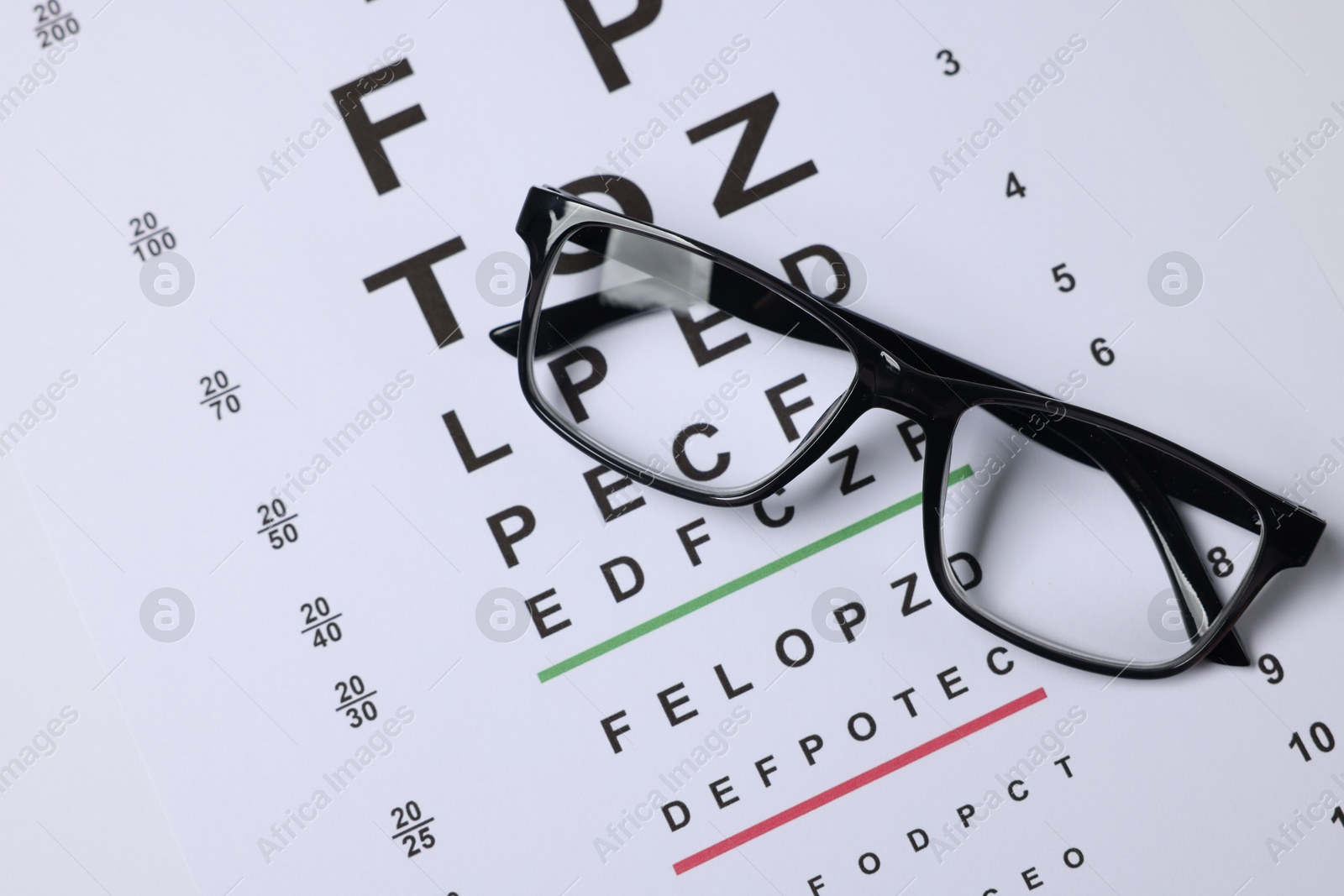 Glasses on vision test chart as background, top view Photo of Glasses on vision test chart as background, top view