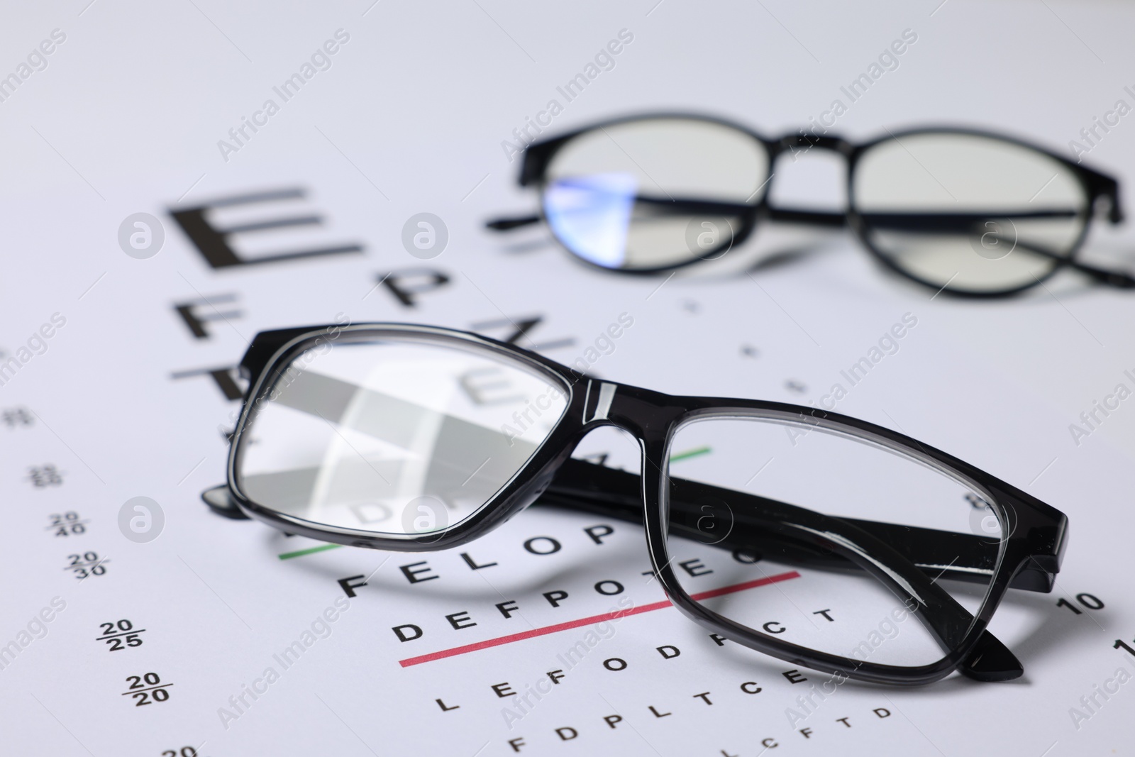 Glasses on vision test chart as background, closeup Photo of Glasses on vision test chart as background, closeup
