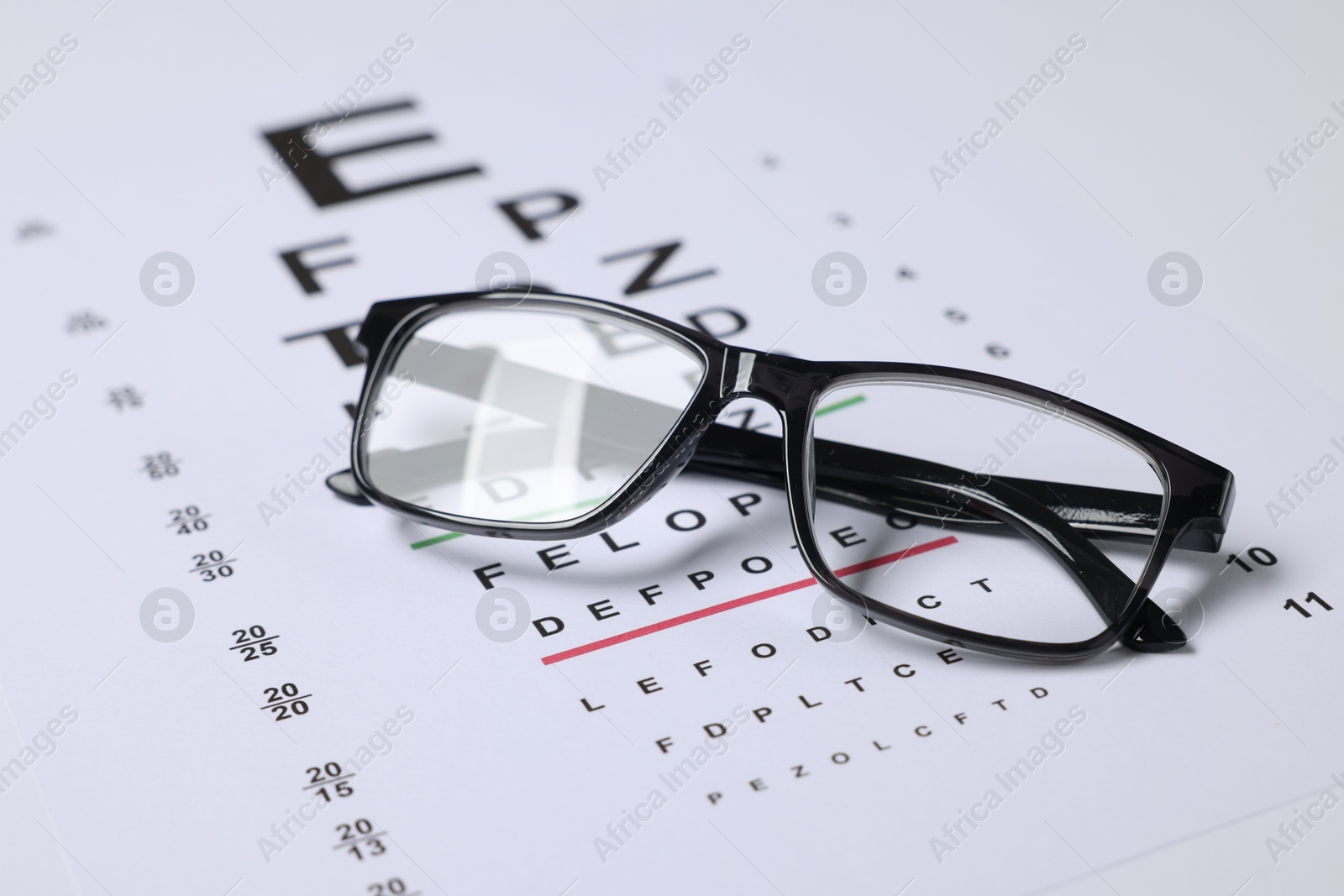 Glasses on vision test chart as background, closeup Photo of Glasses on vision test chart as background, closeup
