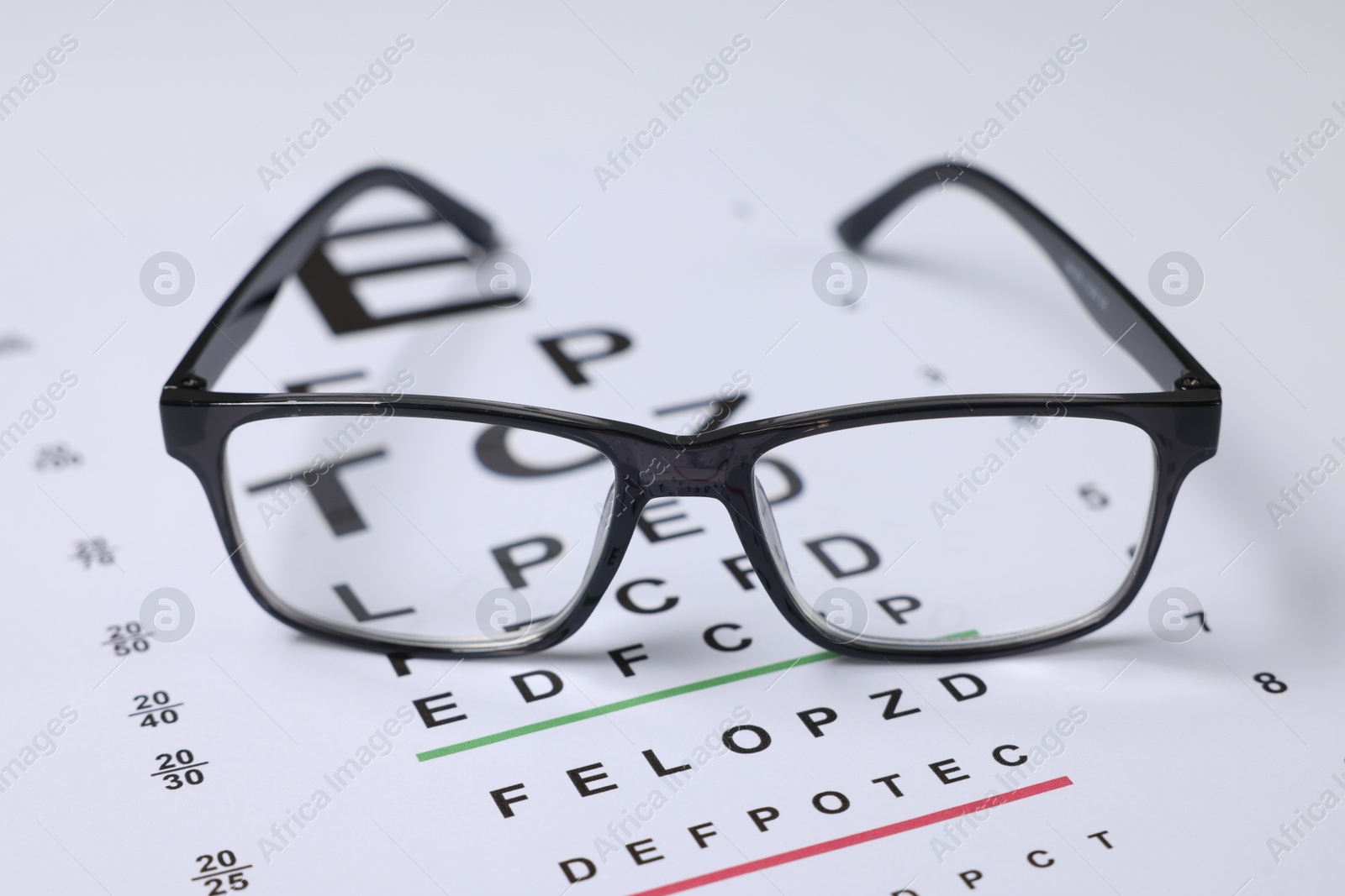 Glasses on vision test chart as background, closeup Photo of Glasses on vision test chart as background, closeup
