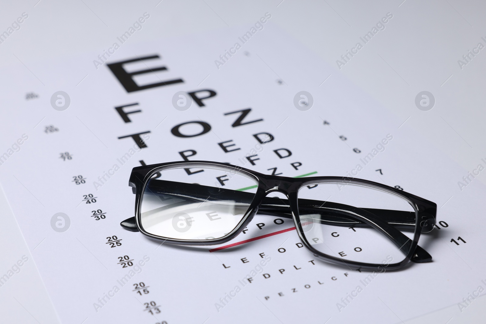 Glasses on vision test chart as background, closeup Photo of Glasses on vision test chart as background, closeup
