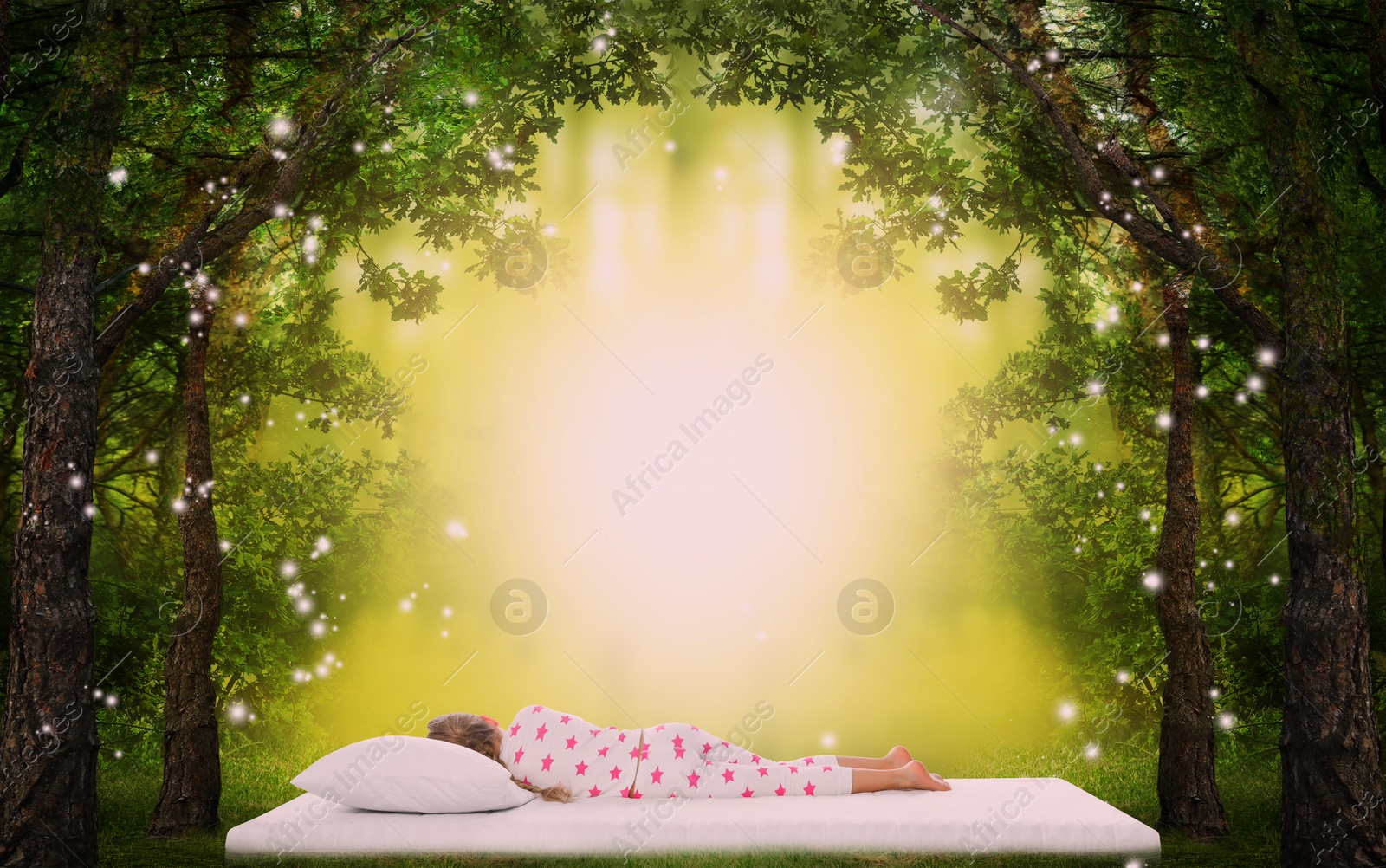 Little girl sleeping on comfortable mattress in forest, back view Image of Little girl sleeping on comfortable mattress in forest, back view