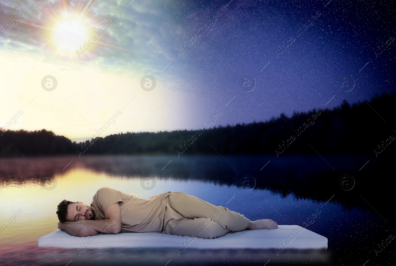 Young man sleeping on comfortable mattress in river at evening Image of Young man sleeping on comfortable mattress in river at evening