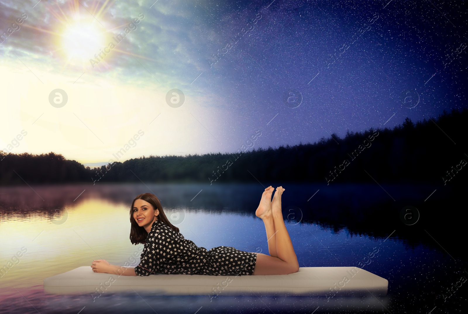 Smiling young woman lying on comfortable mattress in river at evening Image of Smiling young woman lying on comfortable mattress in river at evening