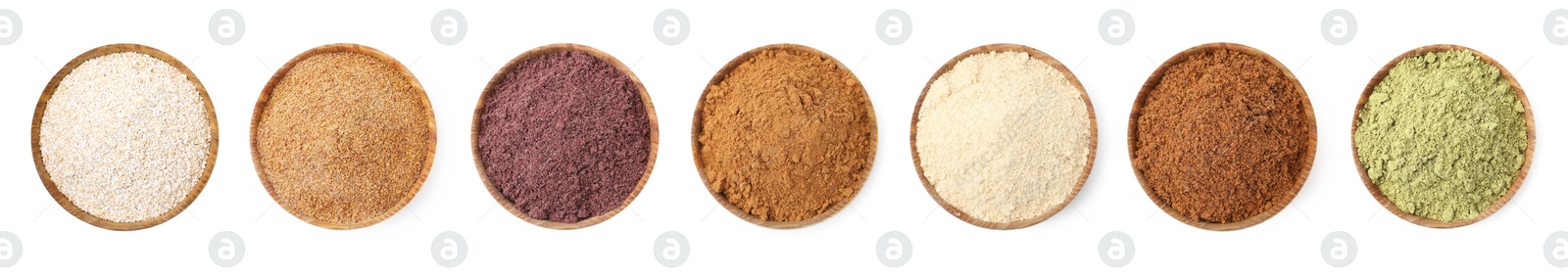 Different superfood powders in bowls on white background, set. Top view Image of Different superfood powders in bowls on white background, set. Top view