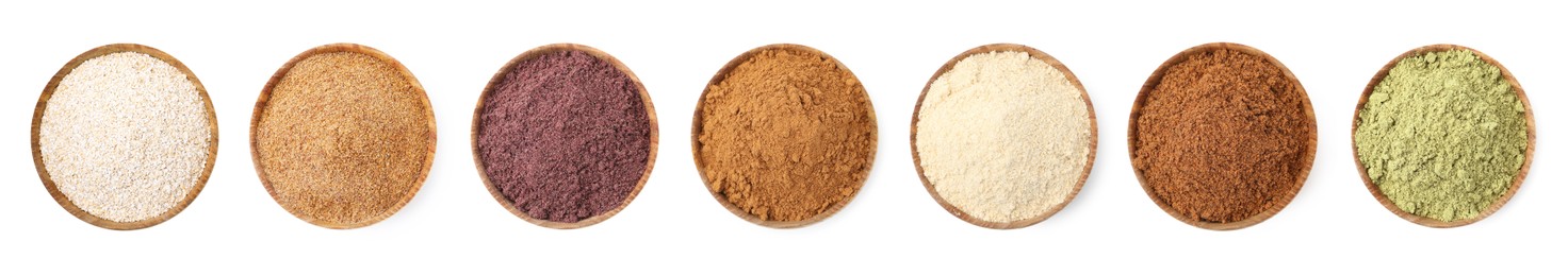 Image of Different superfood powders in bowls on white background, set. Top view