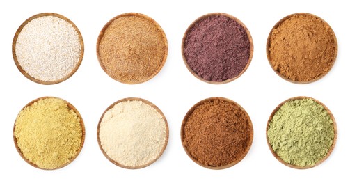 Image of Different superfood powders in bowls on white background, set. Top view