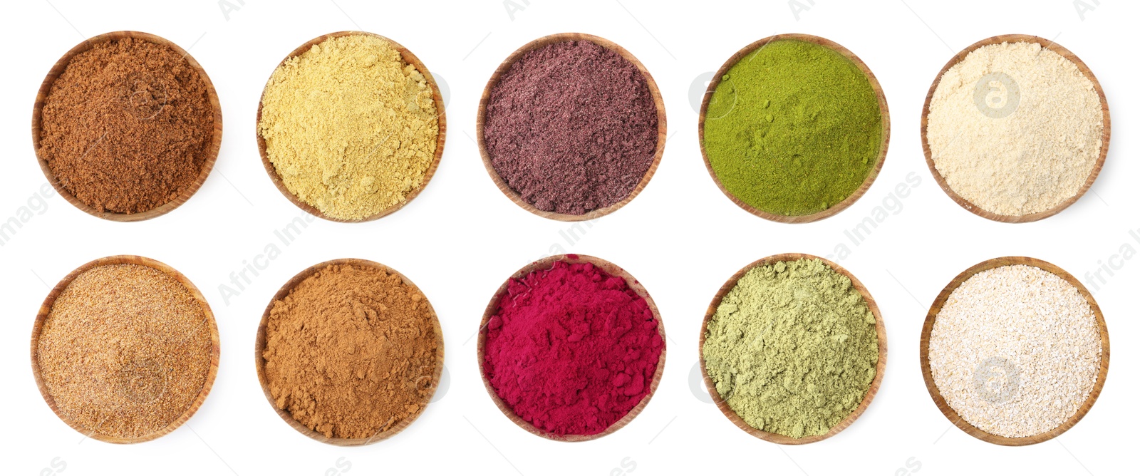 Different superfood powders in bowls on white background, set. Top view Image of Different superfood powders in bowls on white background, set. Top view