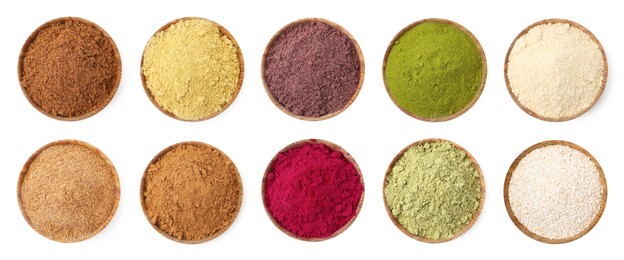 Image of Different superfood powders in bowls on white background, set. Top view