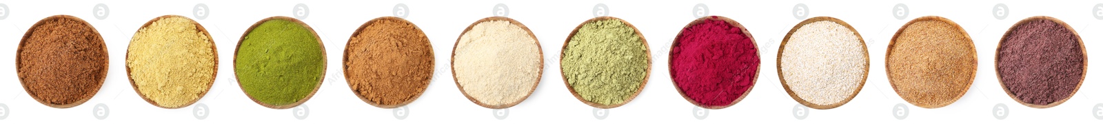 Different superfood powders in bowls on white background, set. Top view Image of Different superfood powders in bowls on white background, set. Top view