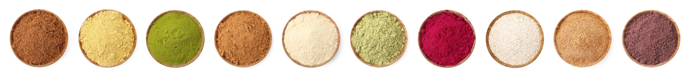 Image of Different superfood powders in bowls on white background, set. Top view