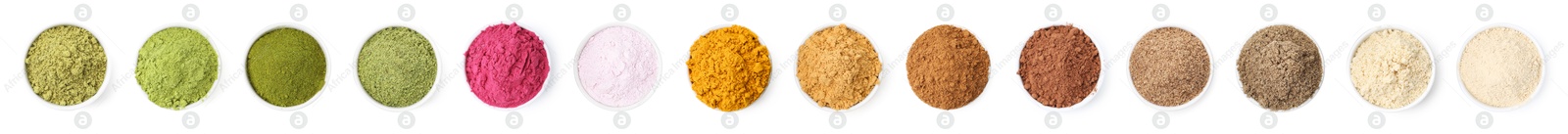 Different superfood powders in bowls on white background, set. Top view Image of Different superfood powders in bowls on white background, set. Top view