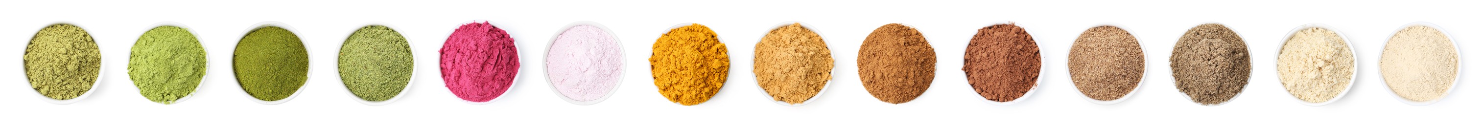 Image of Different superfood powders in bowls on white background, set. Top view