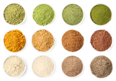 Image of Different superfood powders in bowls on white background, set. Top view