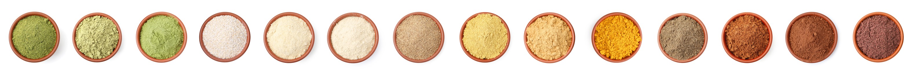 Image of Different superfood powders in bowls on white background, set. Top view