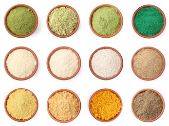 Image of Different superfood powders in bowls on white background, set. Top view