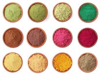 Image of Different superfood powders in bowls on white background, set. Top view