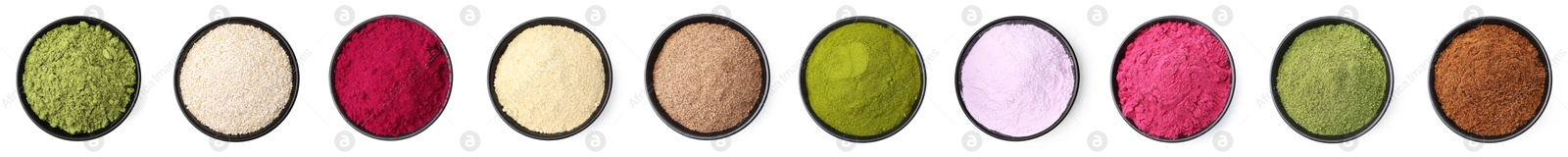 Different superfood powders in bowls on white background, set. Top view Image of Different superfood powders in bowls on white background, set. Top view