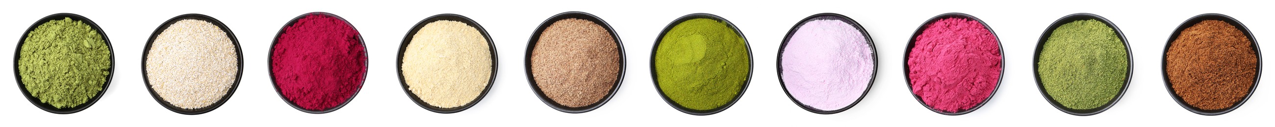 Image of Different superfood powders in bowls on white background, set. Top view