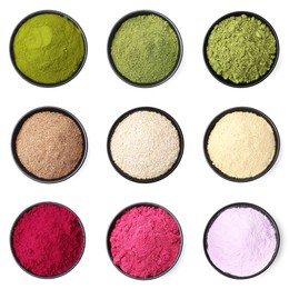 Image of Different superfood powders in bowls on white background, set. Top view