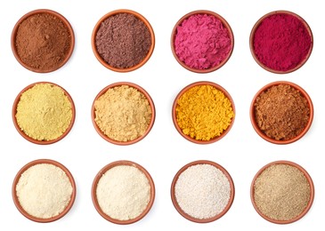 Image of Different superfood powders in bowls on white background, set. Top view