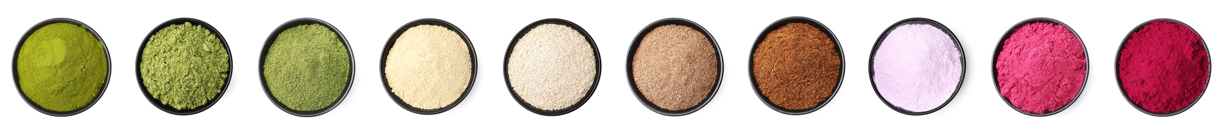 Image of Different superfood powders in bowls on white background, set. Top view