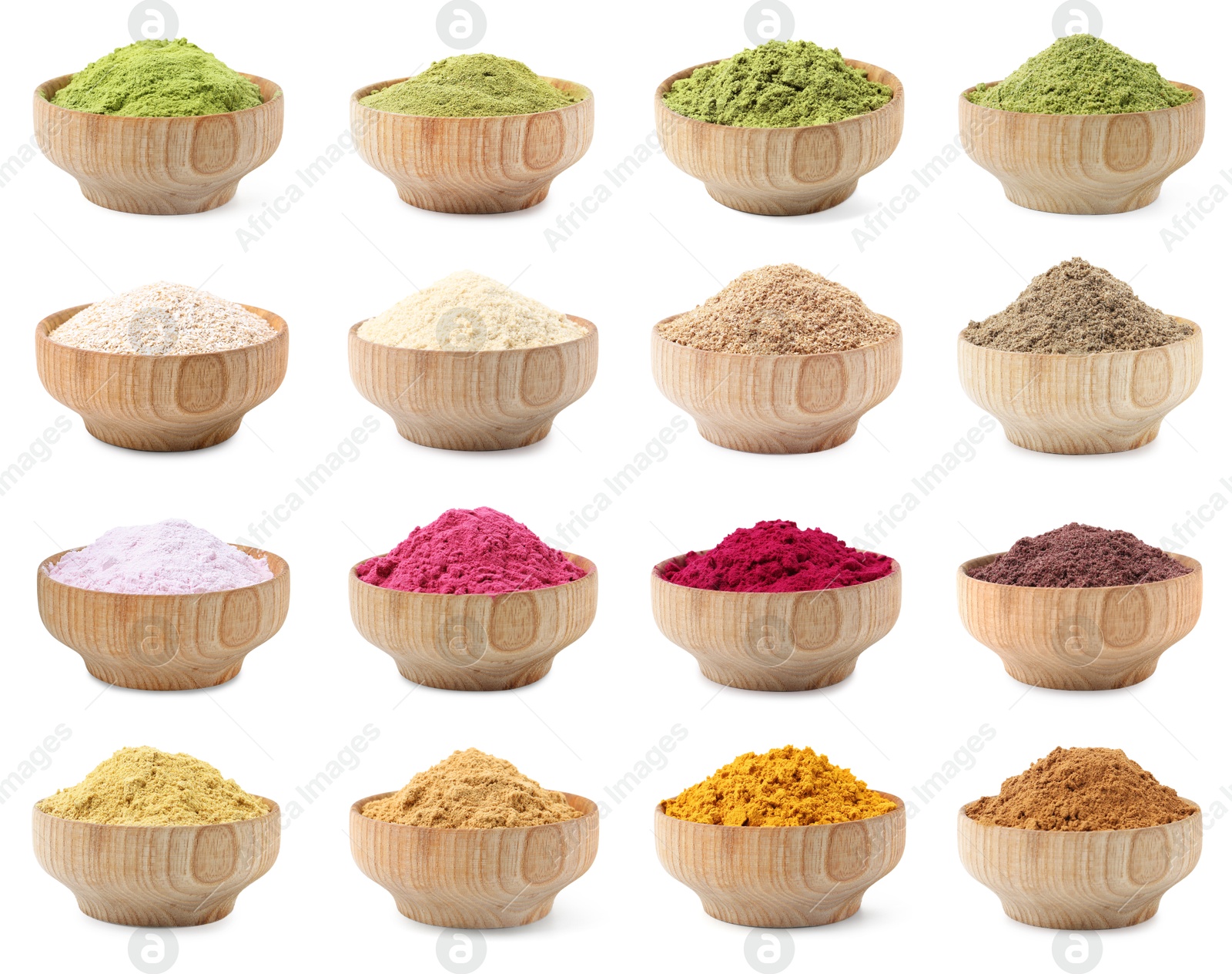 Different superfood powders in bowls on white background, collage Image of Different superfood powders in bowls on white background, collage