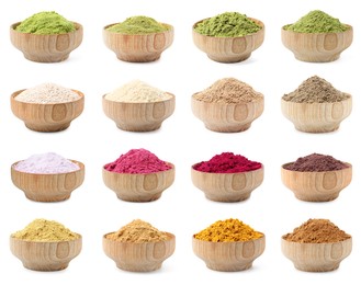 Image of Different superfood powders in bowls on white background, collage