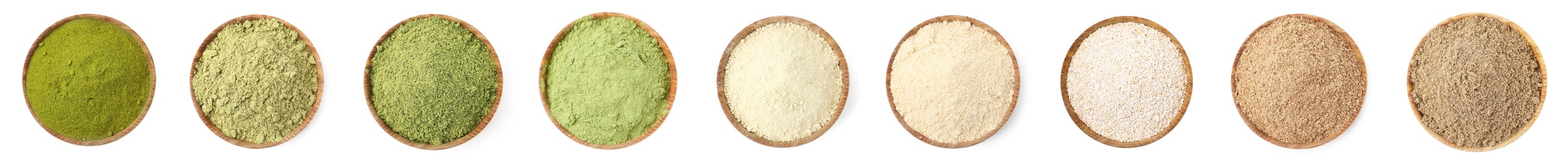 Image of Different superfood powders in bowls on white background, set. Top view