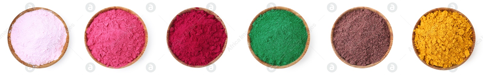 Different superfood powders in bowls on white background, set. Top view Image of Different superfood powders in bowls on white background, set. Top view
