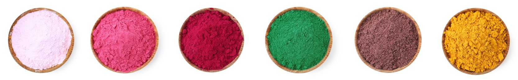 Image of Different superfood powders in bowls on white background, set. Top view