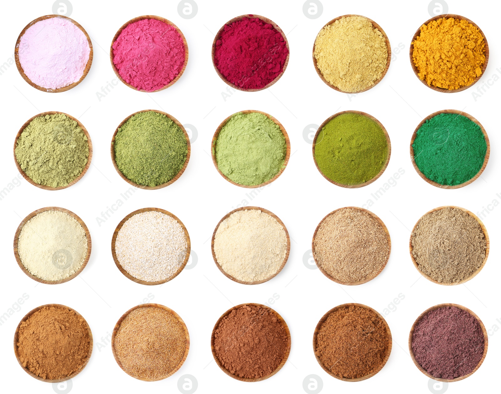 Different superfood powders in bowls on white background, set. Top view Image of Different superfood powders in bowls on white background, set. Top view