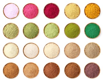 Image of Different superfood powders in bowls on white background, set. Top view