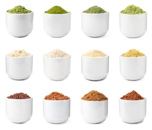 Image of Different superfood powders in bowls on white background, collage