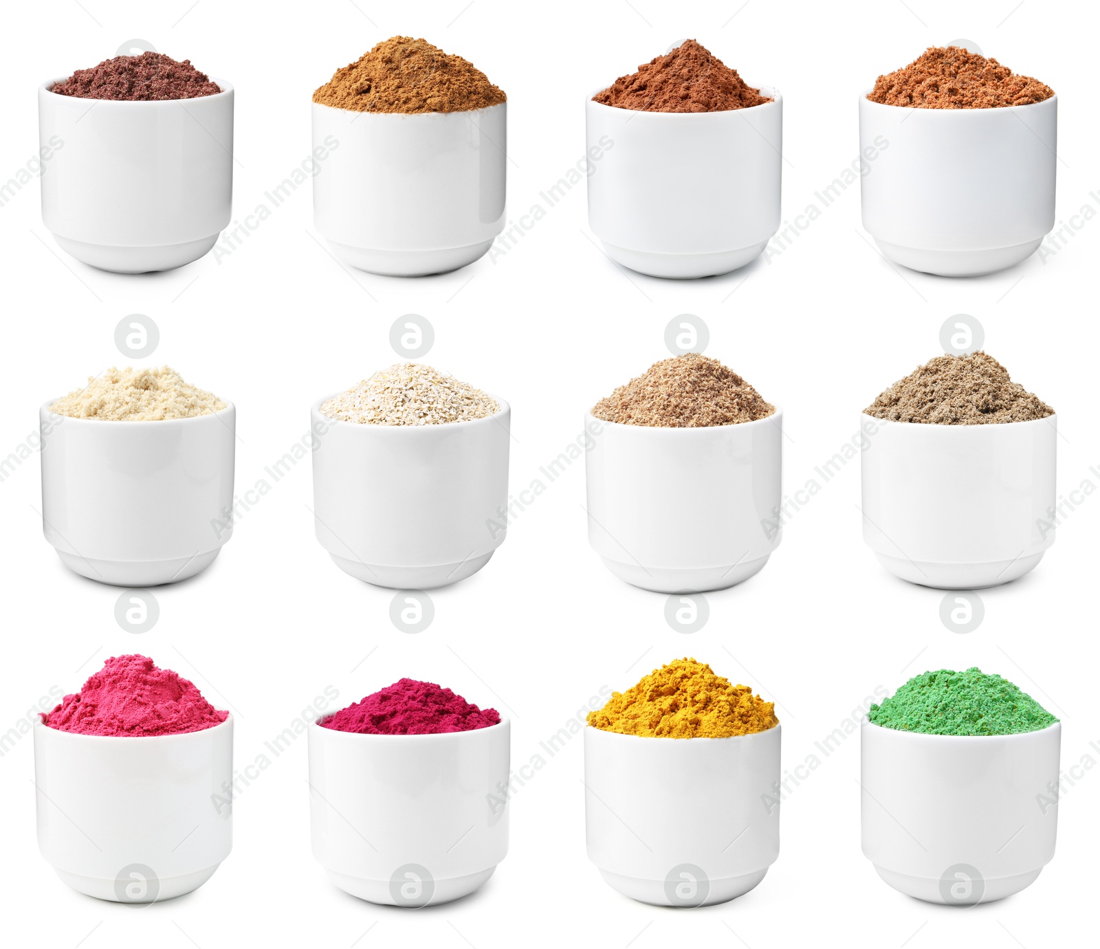 Different superfood powders in bowls on white background, collage Image of Different superfood powders in bowls on white background, collage