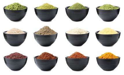Image of Different superfood powders in bowls on white background, collage