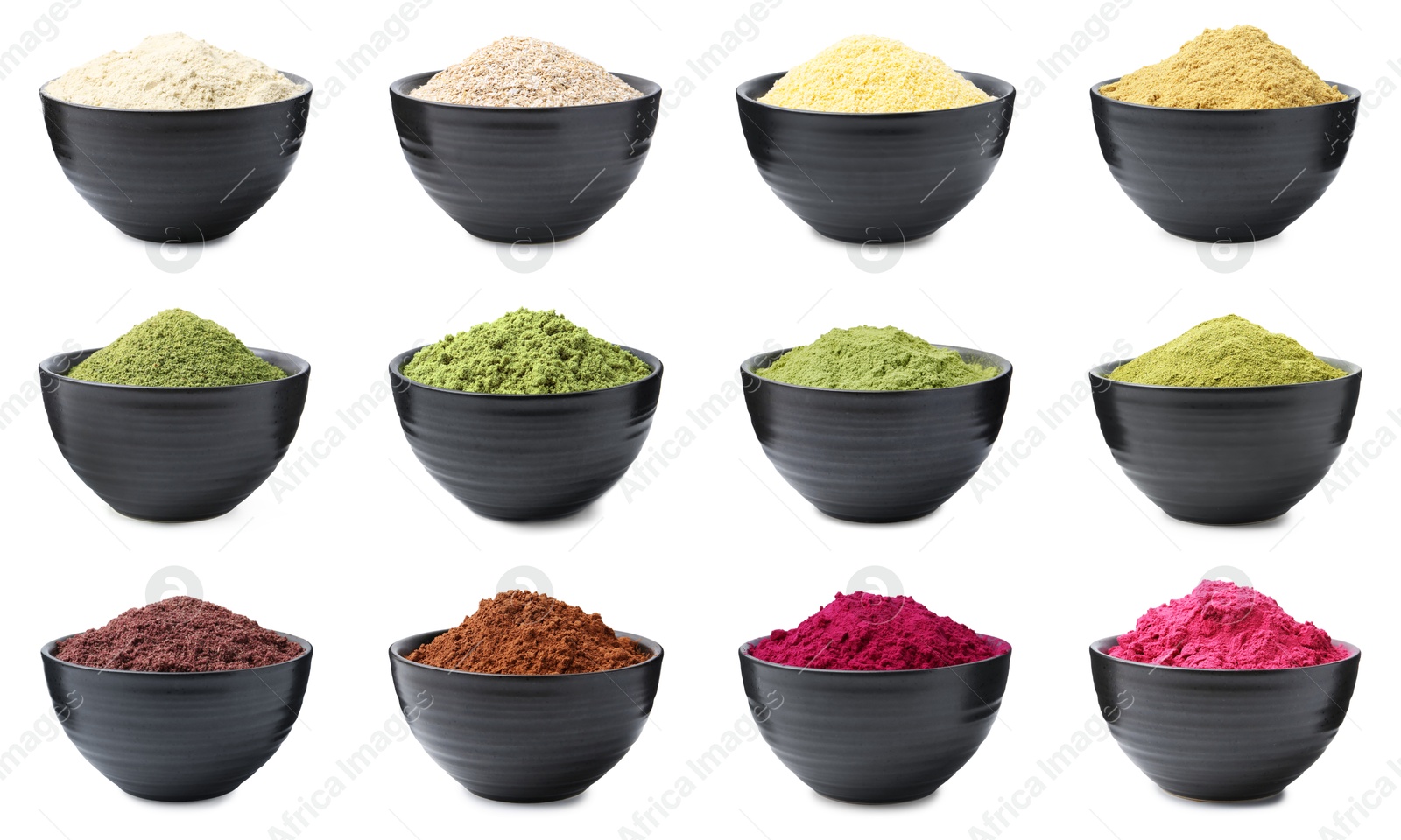 Different superfood powders in bowls on white background, collage Image of Different superfood powders in bowls on white background, collage