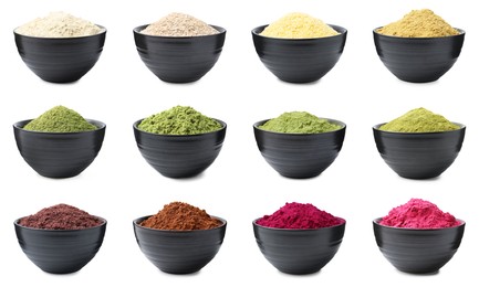 Image of Different superfood powders in bowls on white background, collage