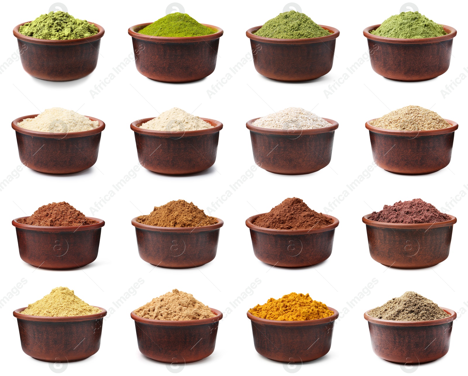 Different superfood powders in bowls on white background, collage Image of Different superfood powders in bowls on white background, collage